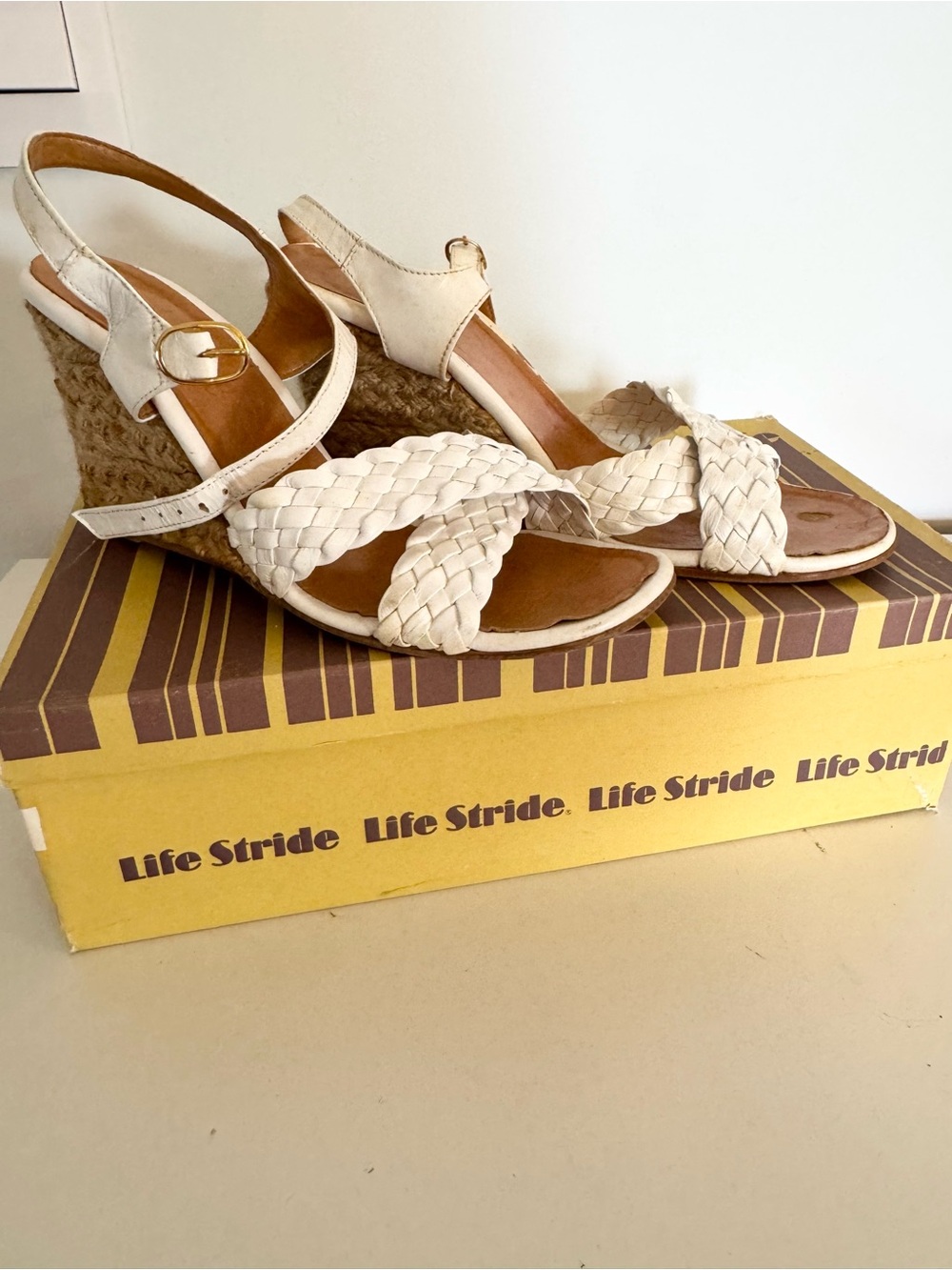 Life Stride Cream Braided Espadrille Wedge Sandals